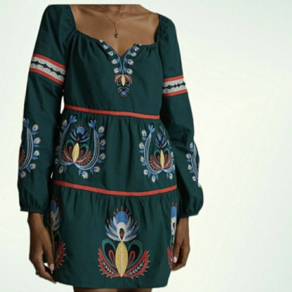 0803 Anthropologie Let me be Embroidered Long sleeve tunic dress Size M